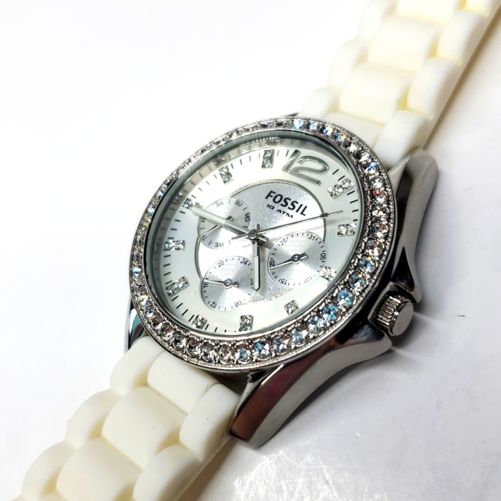 Fossil Watch ES2526 Silver white Silicone Wristband Crystal Bezel Multifunction - Picture 10 of 15